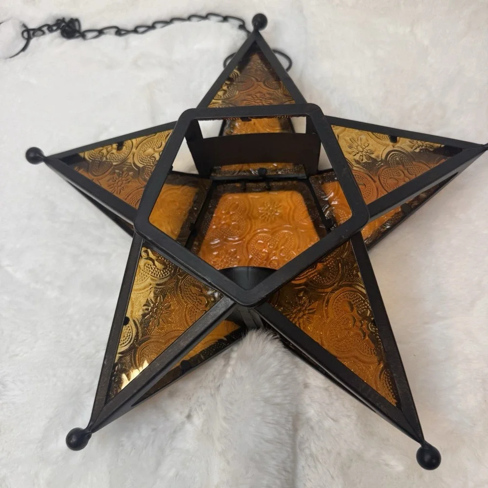 VTG Moroccan Star Style Amber Glass Metal Hanging Tea Light Candle Lantern 9.5
